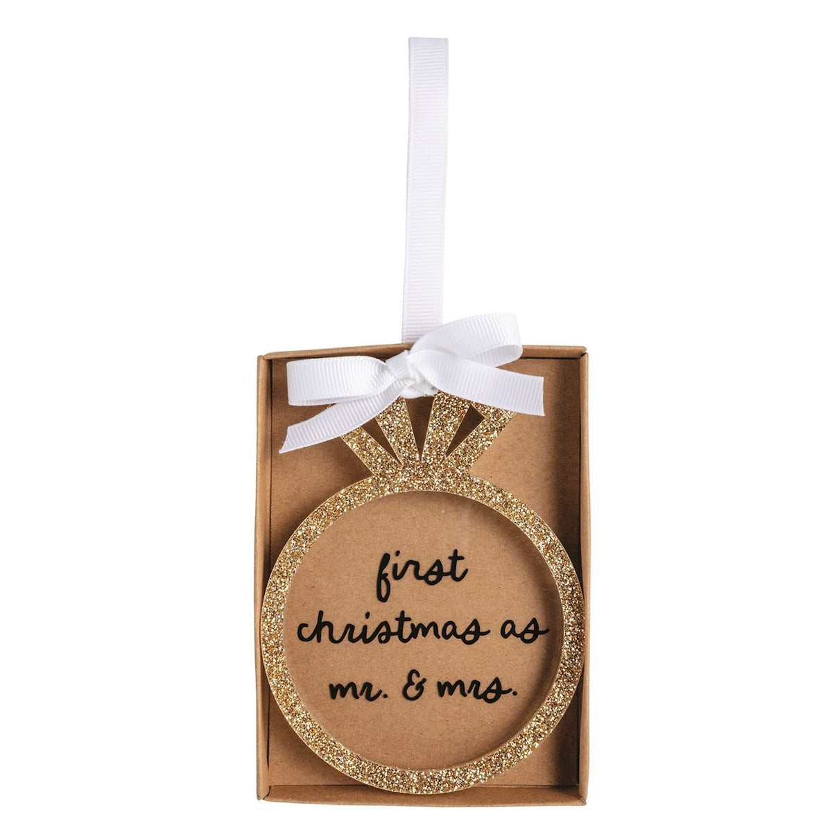 Gold glitter acrylic wedding ring ornament reading 'first christmas as mr. & mrs.' with white ribbon bow