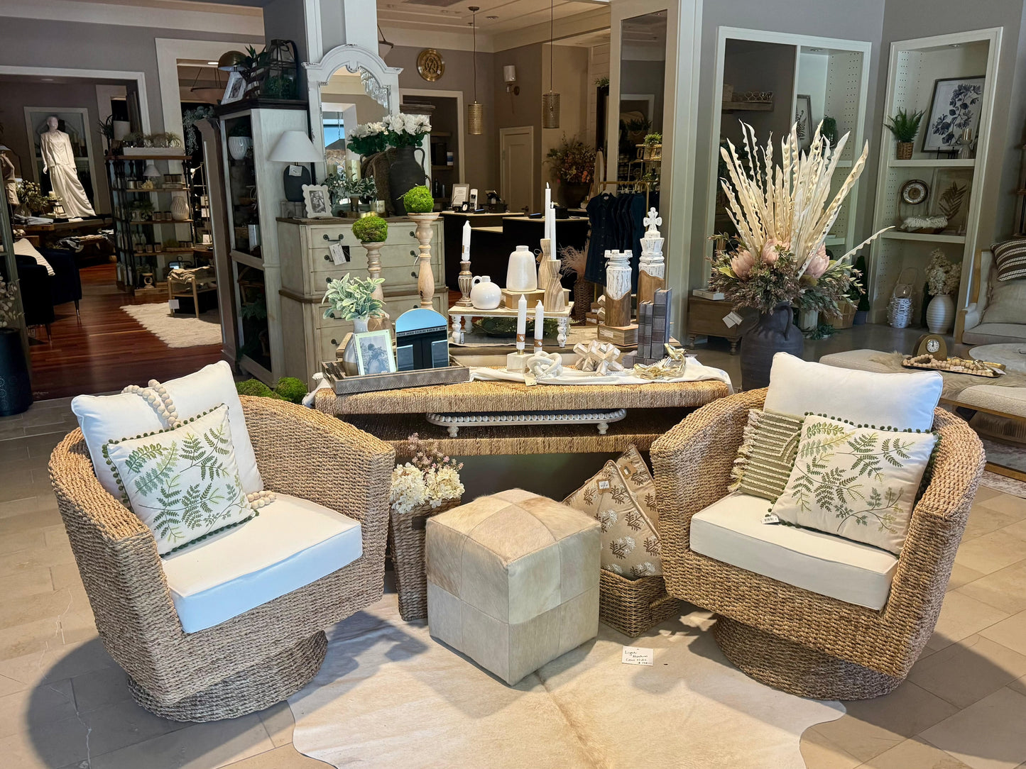 Cream Pillow Fern Embroidery And Green Pom