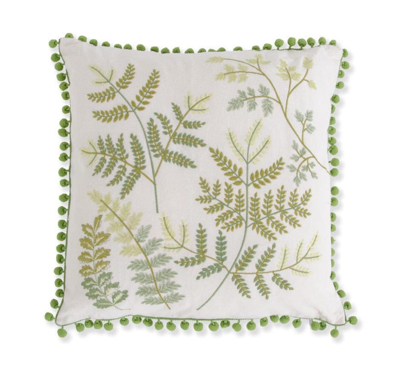 Cream Pillow Fern Embroidery And Green Pom