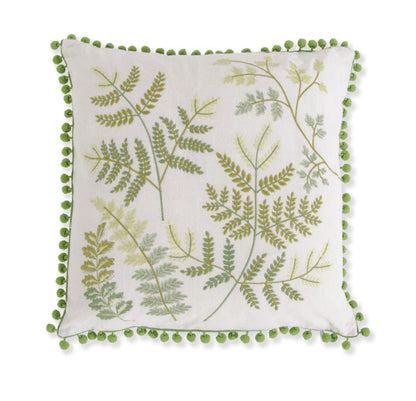 Cream Pillow Fern Embroidery And Green Pom