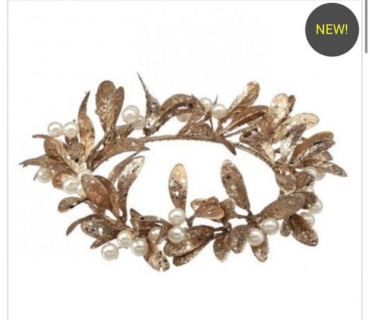 PEARL/GILDED LEAF CANDLE WREATH RING 4.5"ID