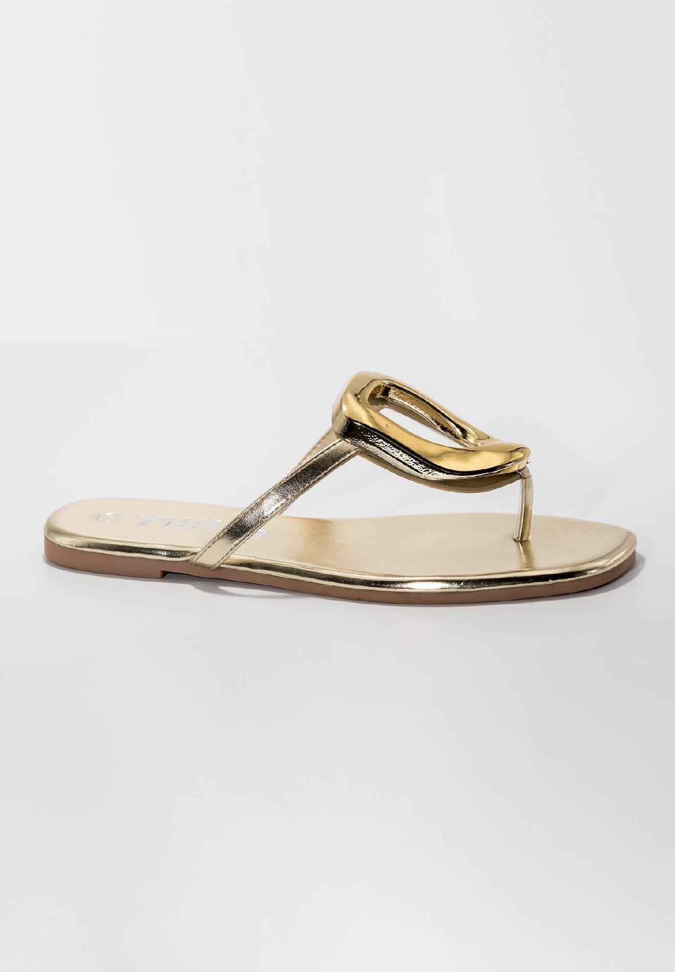 Let's See Style Avery gold metallic thong sandal flat with oval sculptural hardware