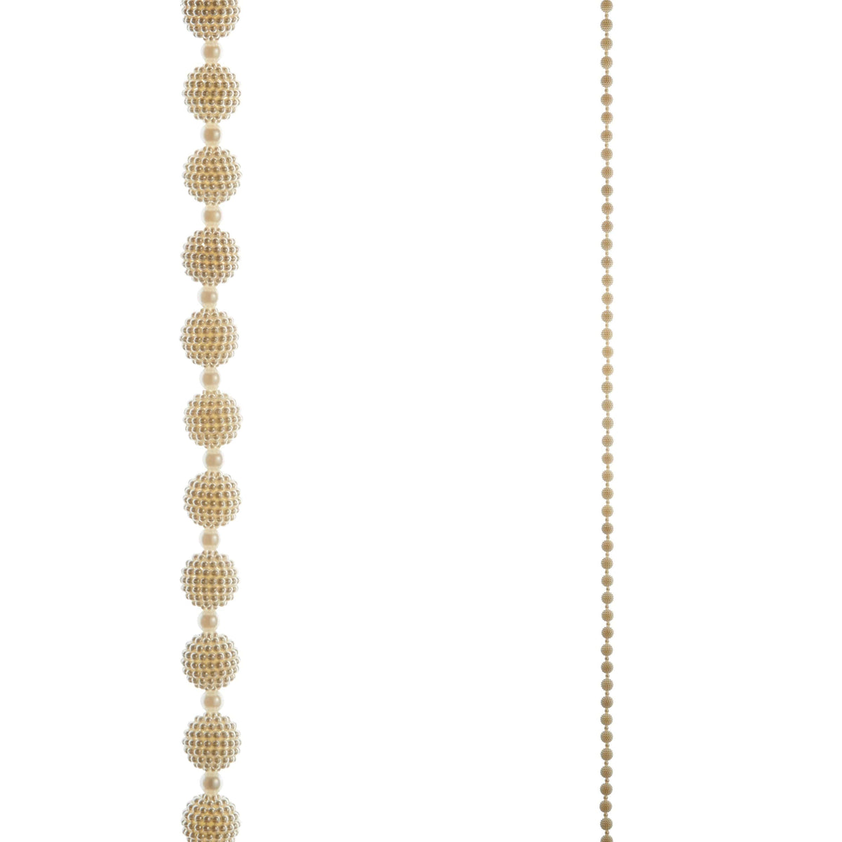 Vertical strand of large textured pearl cluster balls alternating with small pearls on white background
