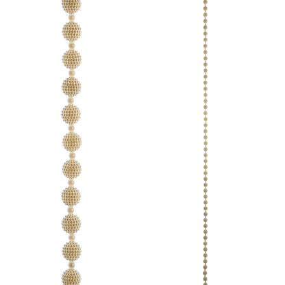 Vertical strand of large textured pearl cluster balls alternating with small pearls on white background
