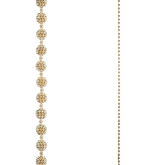Vertical strand of large textured pearl cluster balls alternating with small pearls on white background