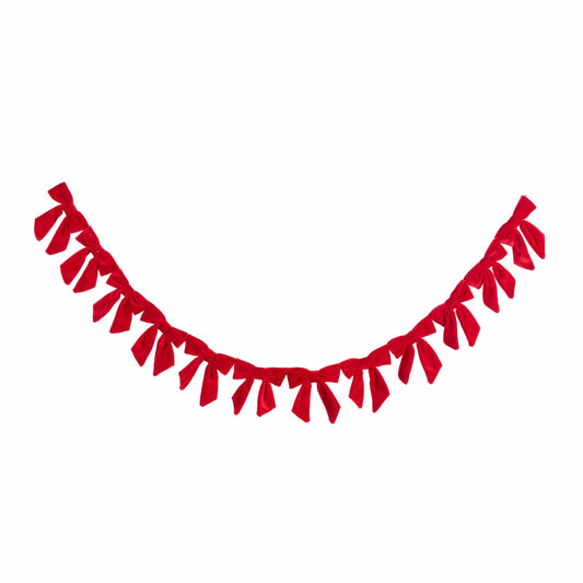 Red velvet bow garland draped in a swag shape with multiple small bows along its length