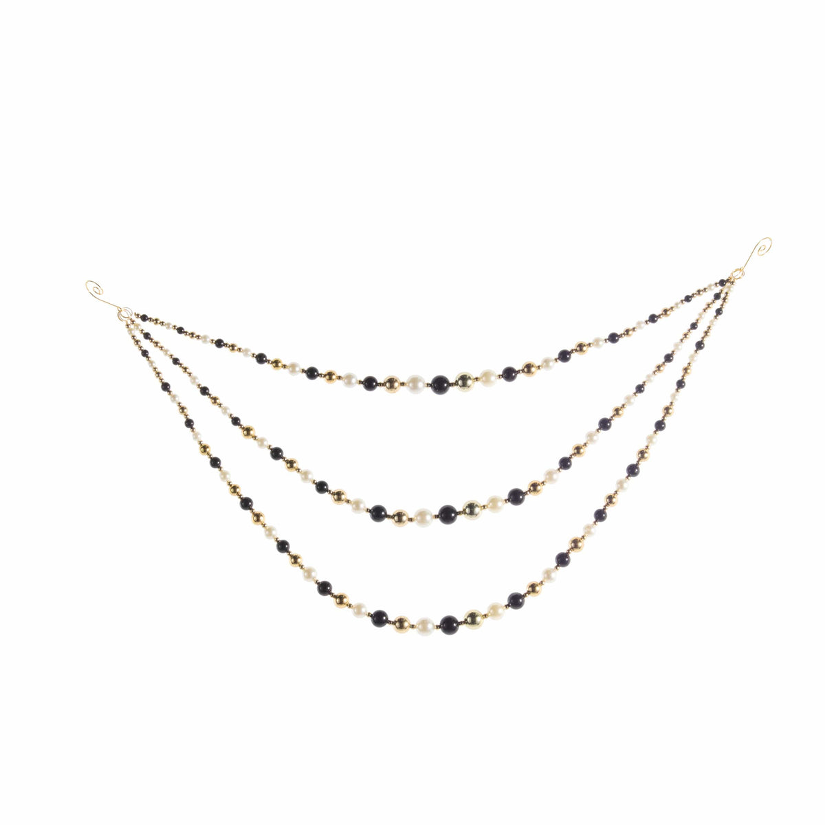 Triple-strand draped beaded garland with black, gold, and pearl white beads on wire hooks
