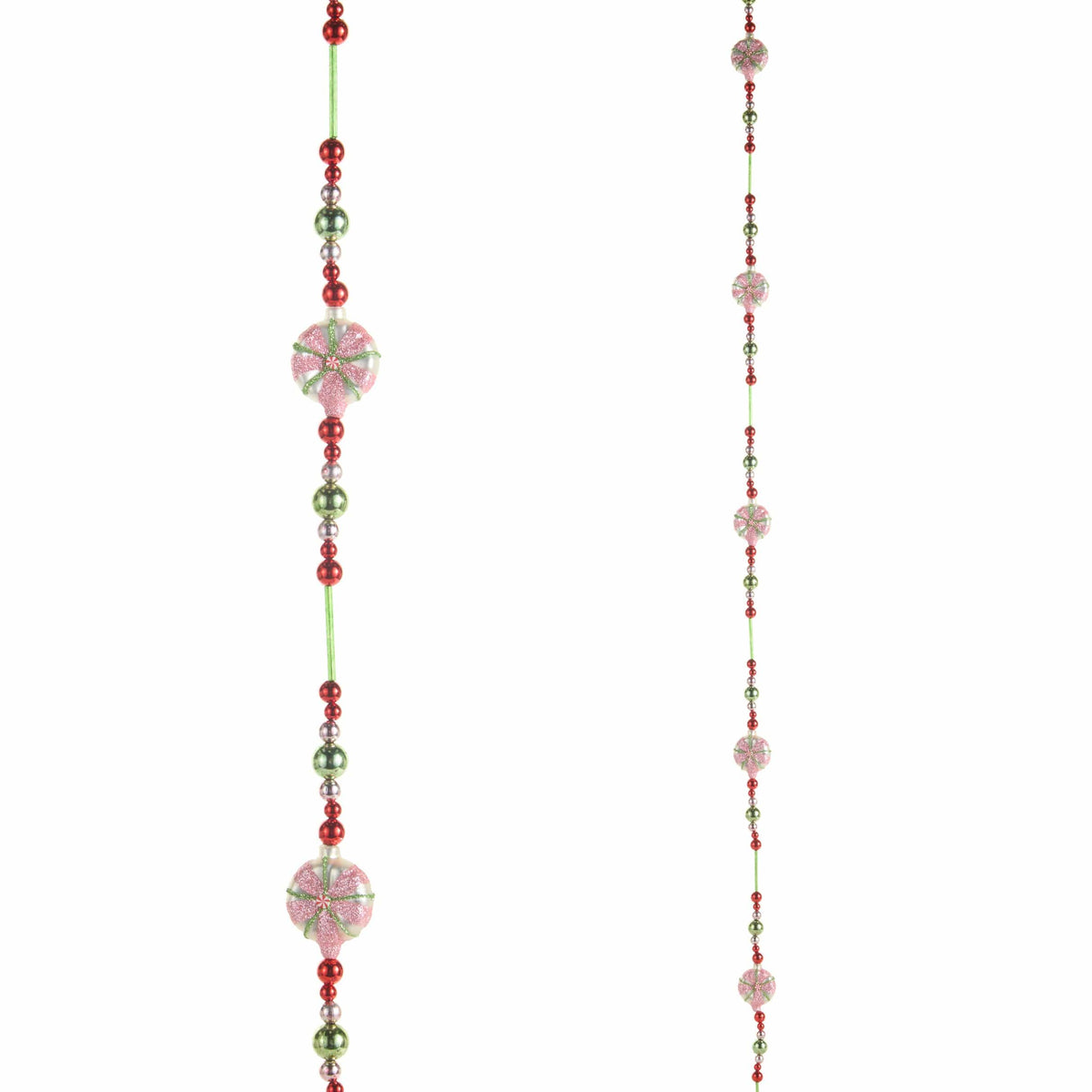 Christmas bead garland with pink peppermint candy disc ornaments and mixed red and green beads