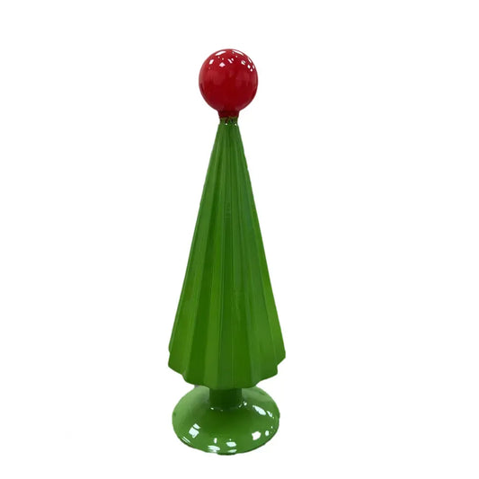 Green glass Christmas tree figurine with red ball topper on round base