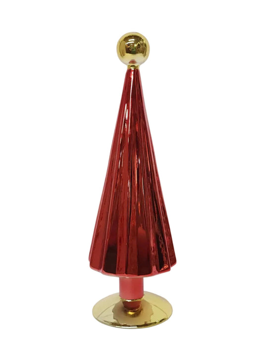 Shiny red conical Christmas tree figurine with gold ball topper and round gold base