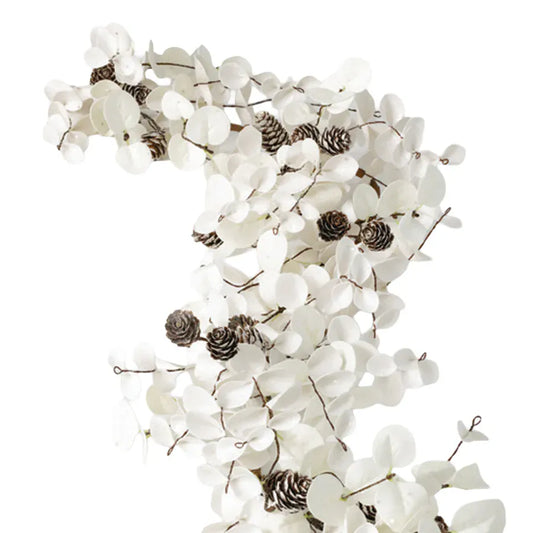 White eucalyptus leaf garland with small brown pinecones on wire stems