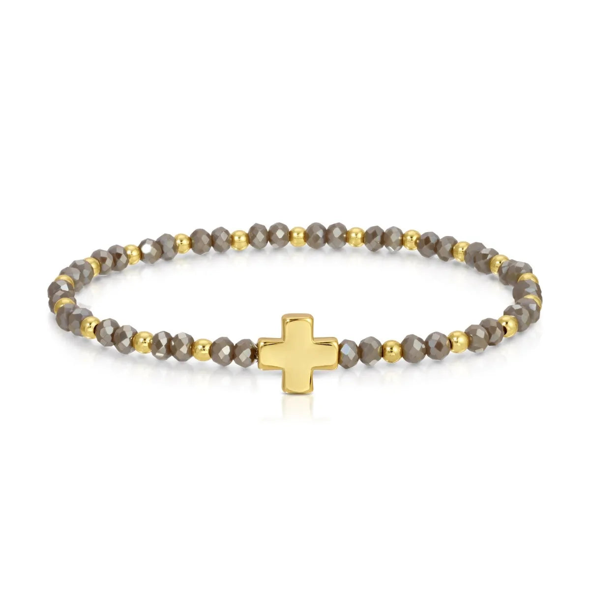 Gold cross beaded stretch bracelet with faceted gray crystal and gold accent beads