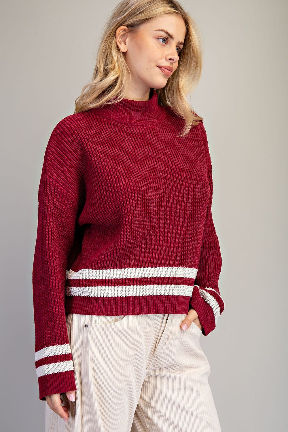 Mock Neck Stripe Detailing Long Sleeve Sweater