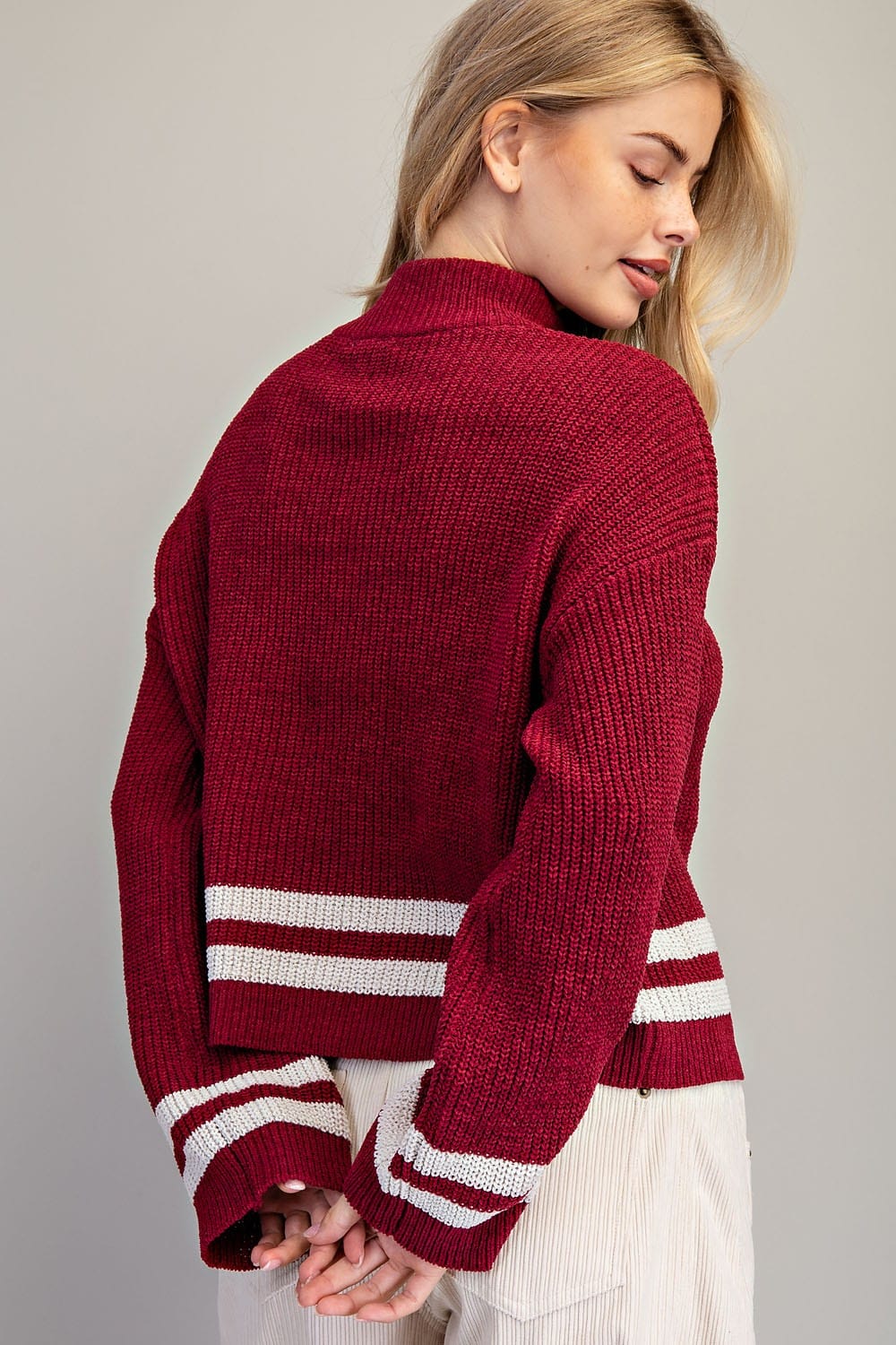 Mock Neck Stripe Detailing Long Sleeve Sweater