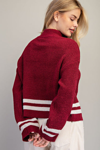 Mock Neck Stripe Detailing Long Sleeve Sweater