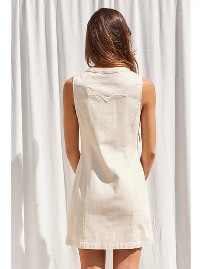 Sleeveless beige denim mini dress with western yoke back detailing and side pockets