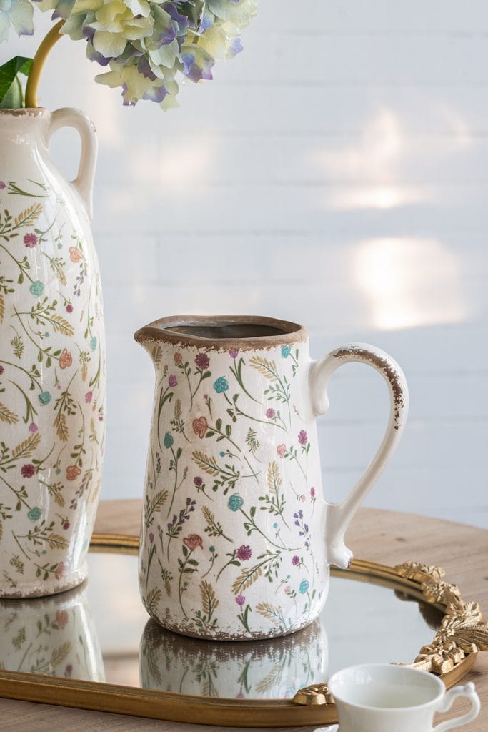 Round Ceramic Pitcher Vase with Multi-Colored Floral Motifs