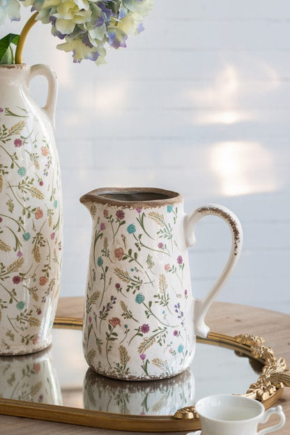 Round Ceramic Pitcher Vase with Multi-Colored Floral Motifs