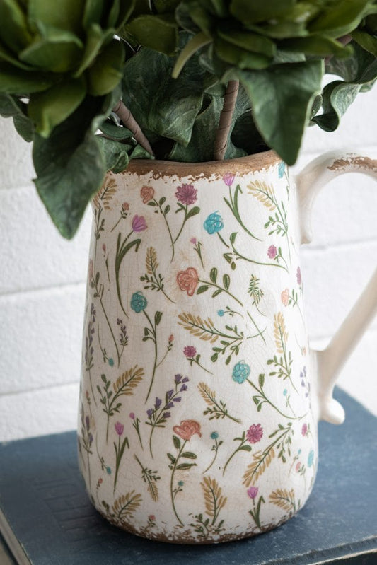 Round Ceramic Pitcher Vase with Multi-Colored Floral Motifs