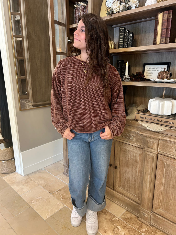Dropped Shoulder Waffle Knit Sweater