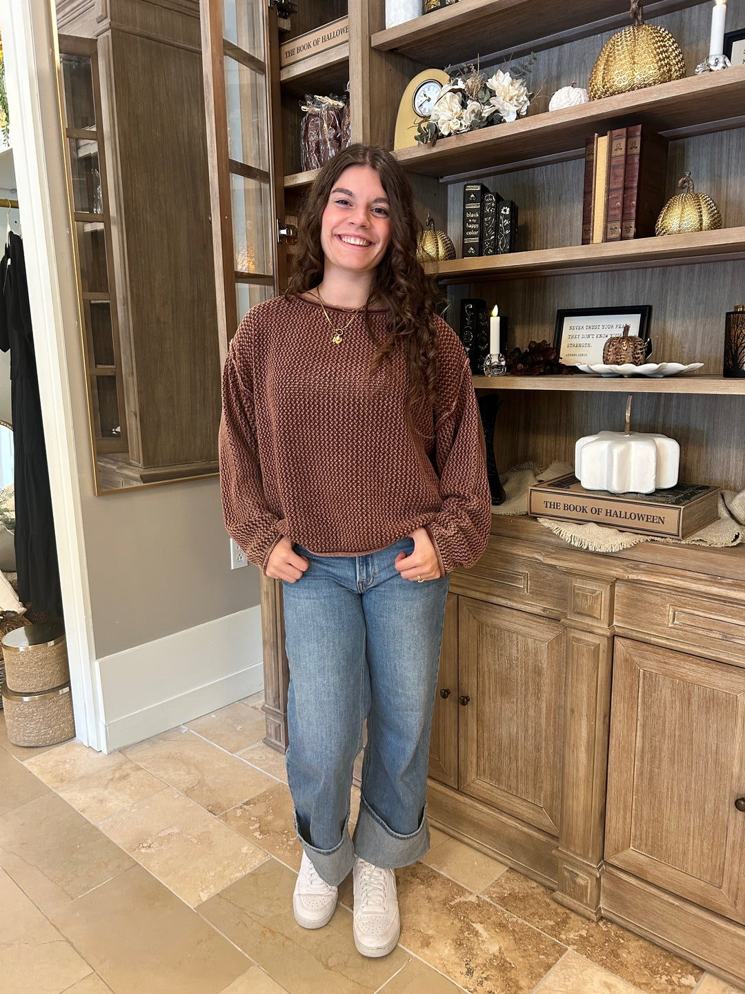 Dropped Shoulder Waffle Knit Sweater