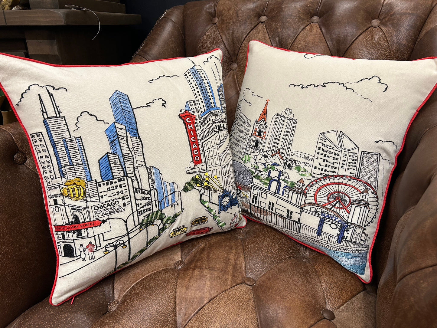 Chicago City Square Pillow - Embroidered City Artistry - 2 Designs