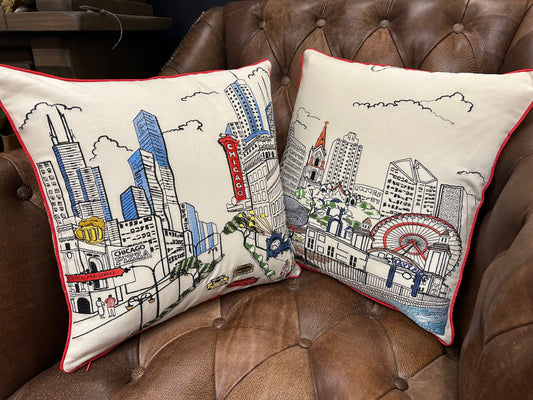 Chicago City Square Pillow - Embroidered City Artistry - 2 Designs