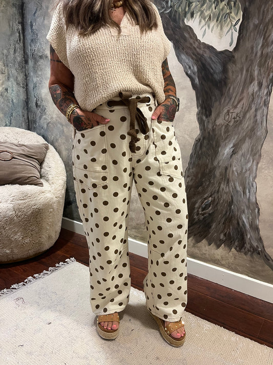 Polka Dot Front Tie Barrel Pants