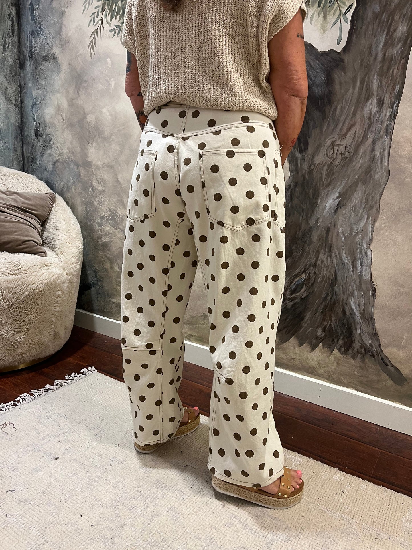 Polka Dot Front Tie Barrel Pants