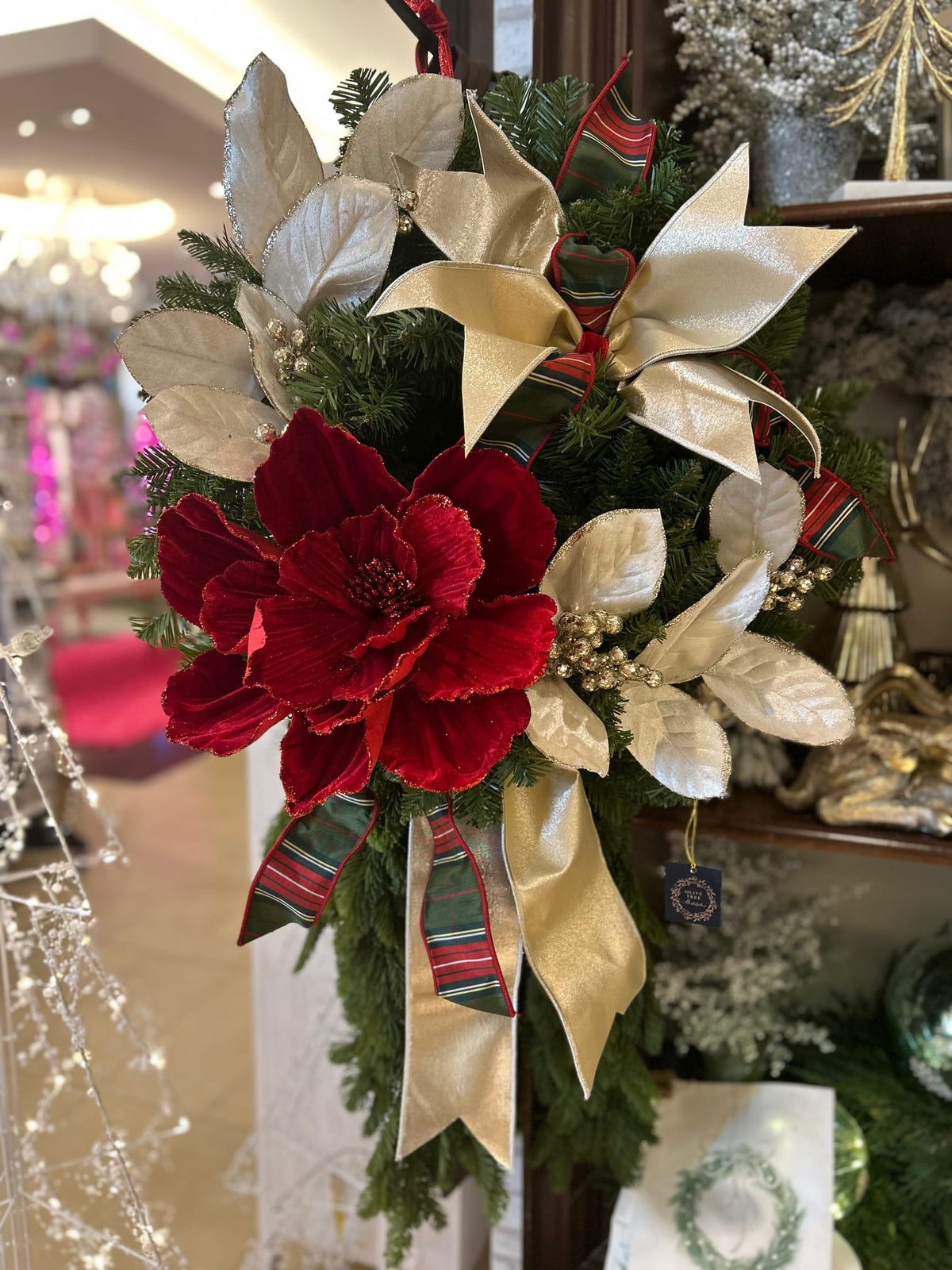 Custom Red and Gold Floral Holiday Wreath with Plaid Ribbon