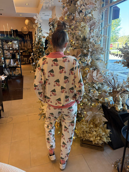 White Christmas pajama top with dachshund and tree pattern, red striped collar