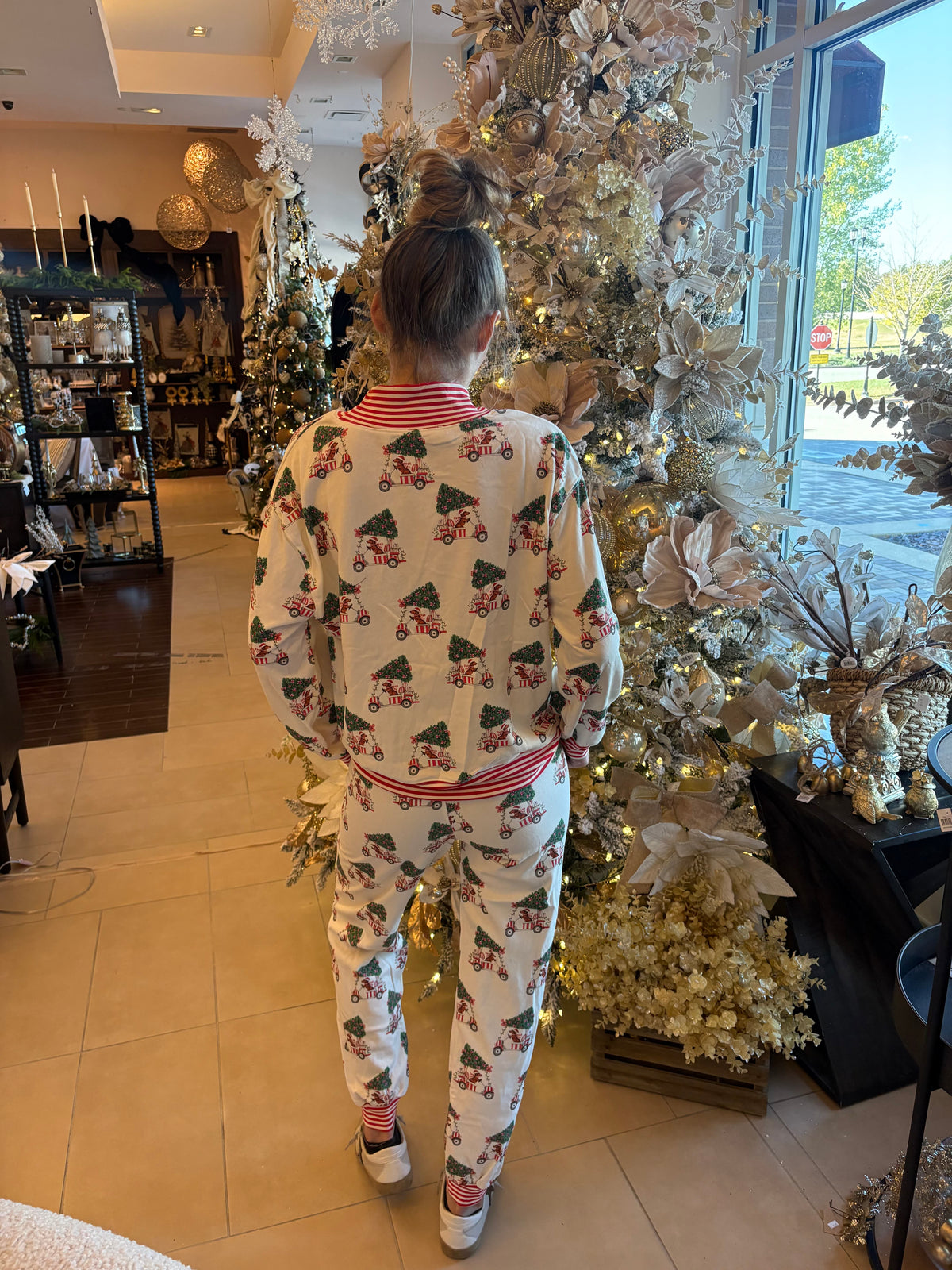 White Christmas tree tractor print pajama set with red striped trim cuffs