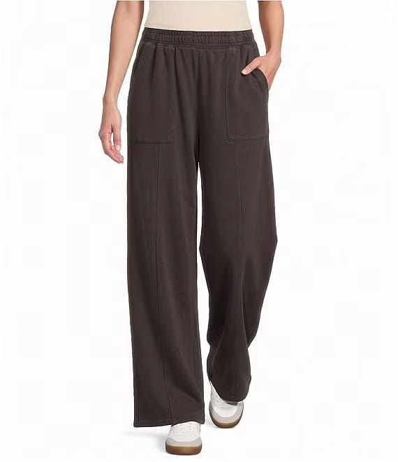 Women's dark charcoal wide-leg pull-on pants with patch pockets and elastic waist