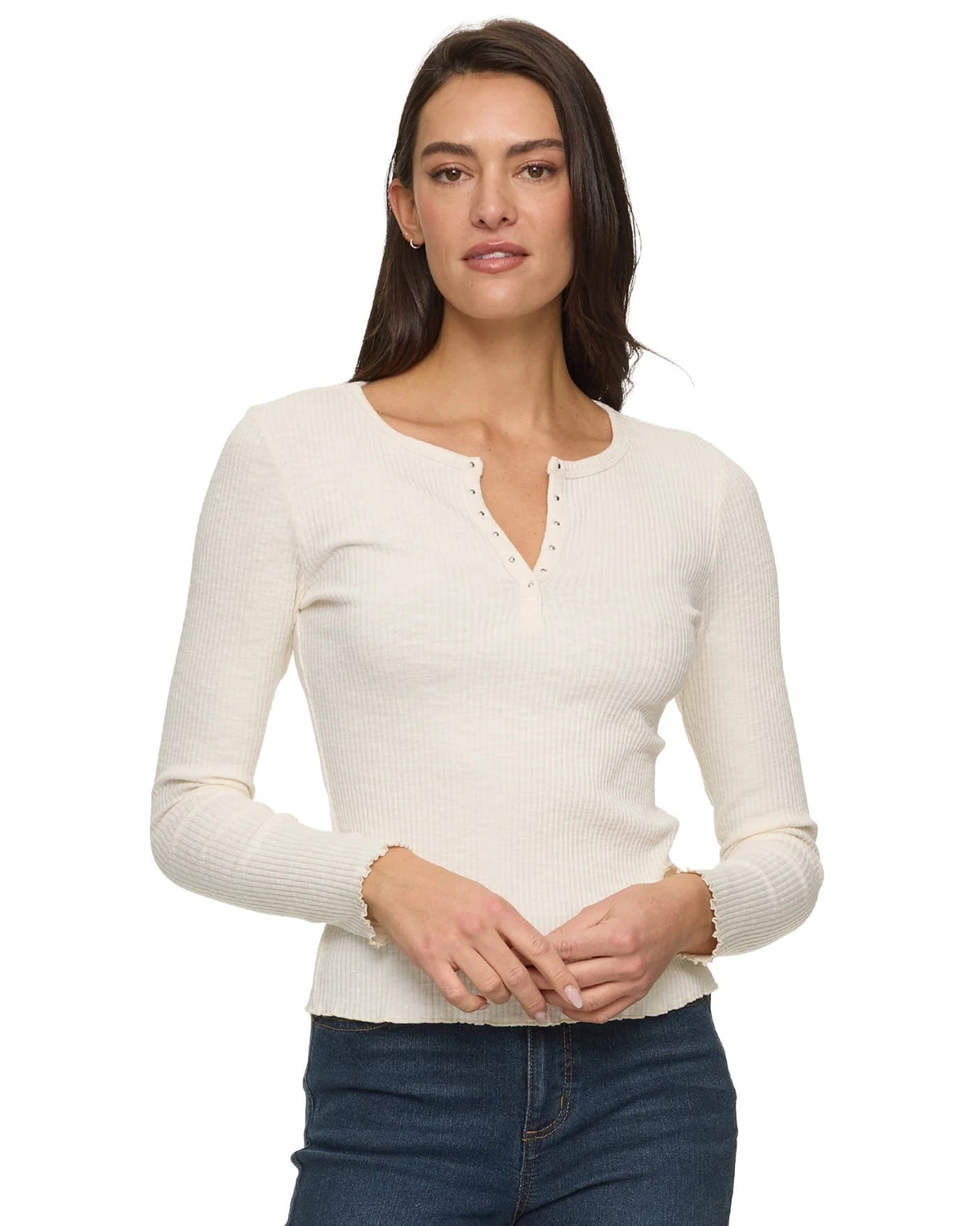 Women's cream ribbed long-sleeve henley top with snap buttons and lettuce hem