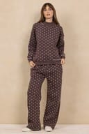 Brown polka dot fleece mockneck top and matching wide-leg pants set