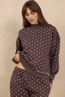 Espresso brown polka dot fleece mockneck sweatshirt with contrast whipstitch trim on cuffs