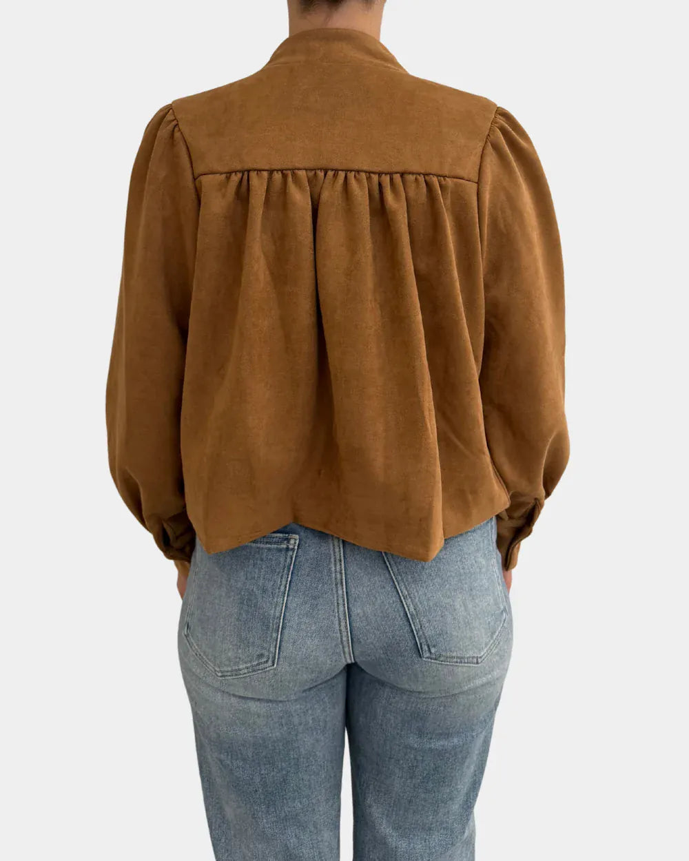 Brown suede mock neck zip-up jacket with gathered back and balloon sleeves