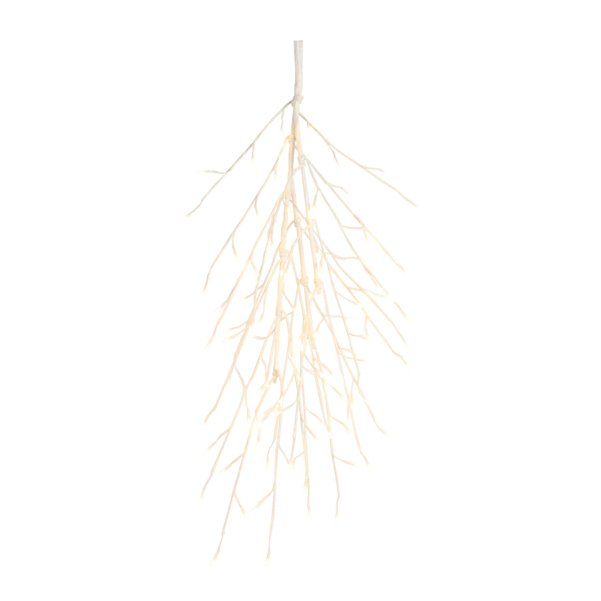 White snowy branch spray with warm glowing fairy lights, hanging downward, isolated on white background