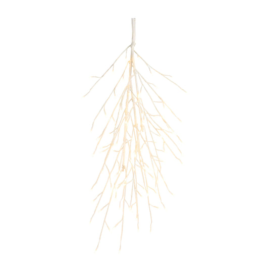 White snowy branch spray with warm glowing fairy lights, hanging downward, isolated on white background