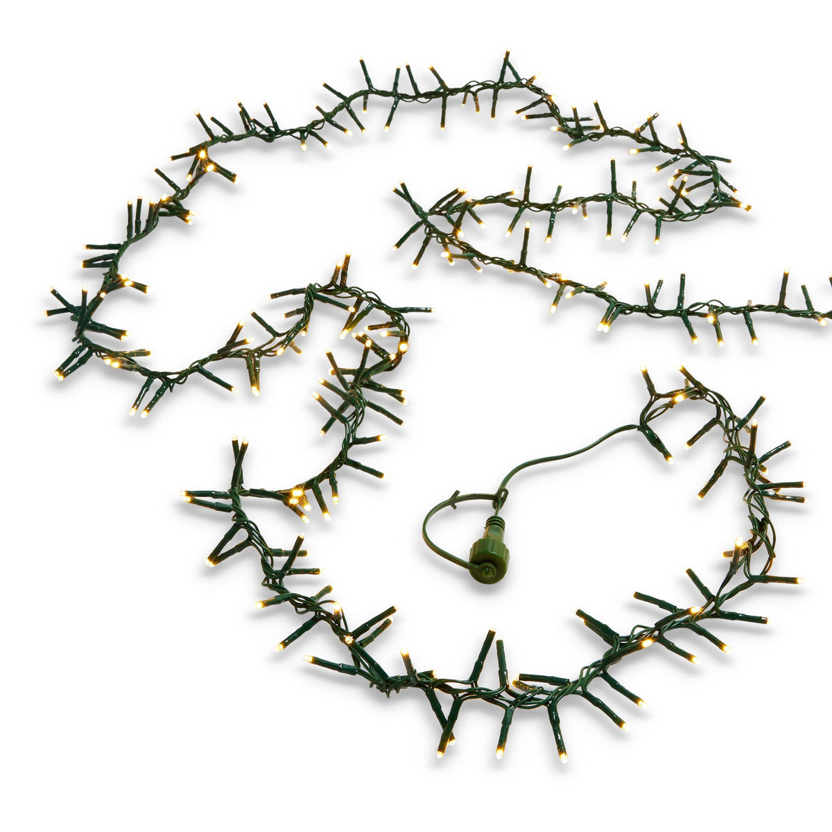 Long cluster string lights on green wire with warm white LEDs, coiled on white background