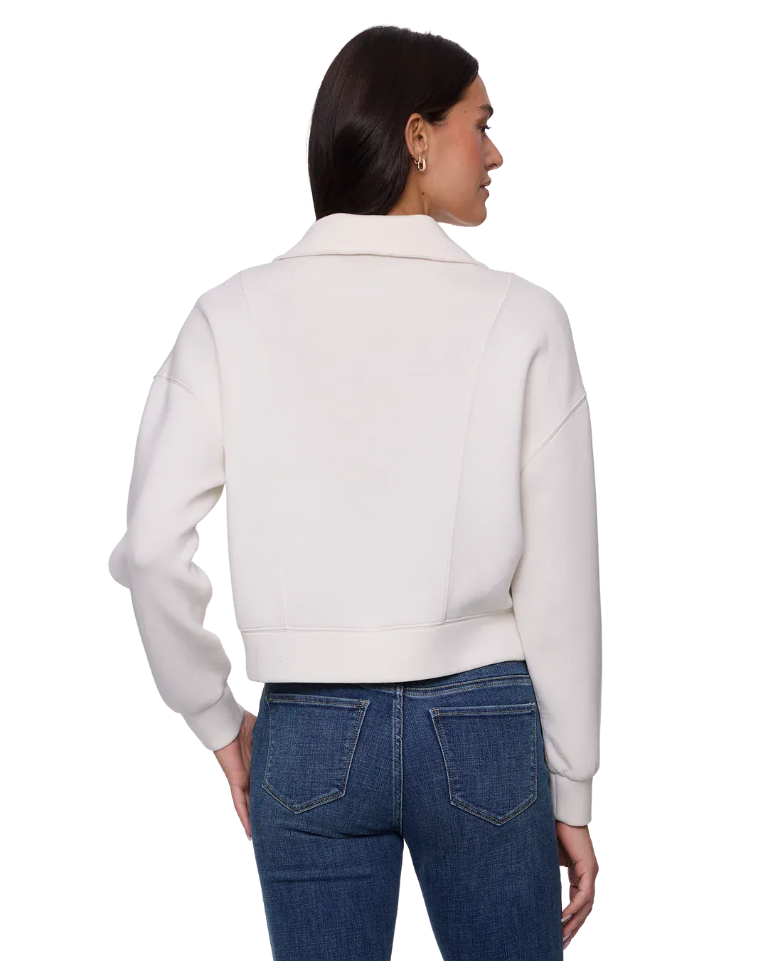 Women's ivory cropped scuba half-zip pullover with mock neck and ribbed hem