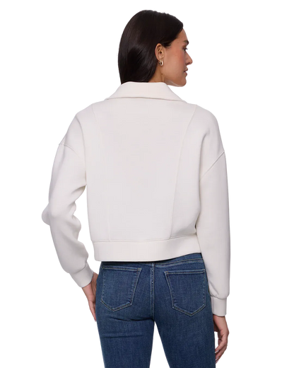 Women's ivory cropped scuba half-zip pullover with mock neck and ribbed hem