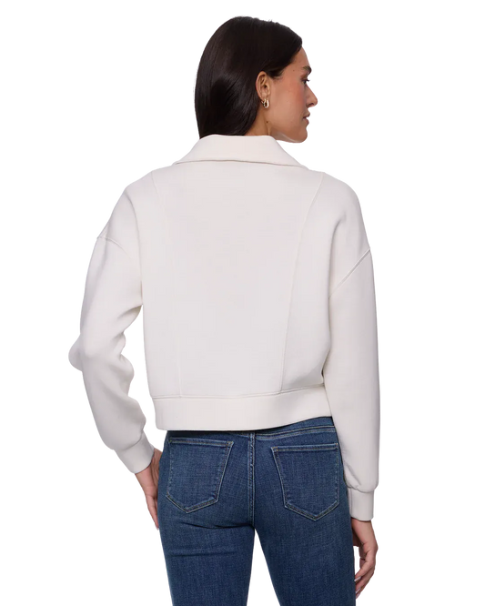 Women's ivory cropped scuba half-zip pullover with mock neck and ribbed hem