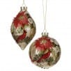 Glass holiday ornaments with red poinsettia floral design on gold background, 2 styles