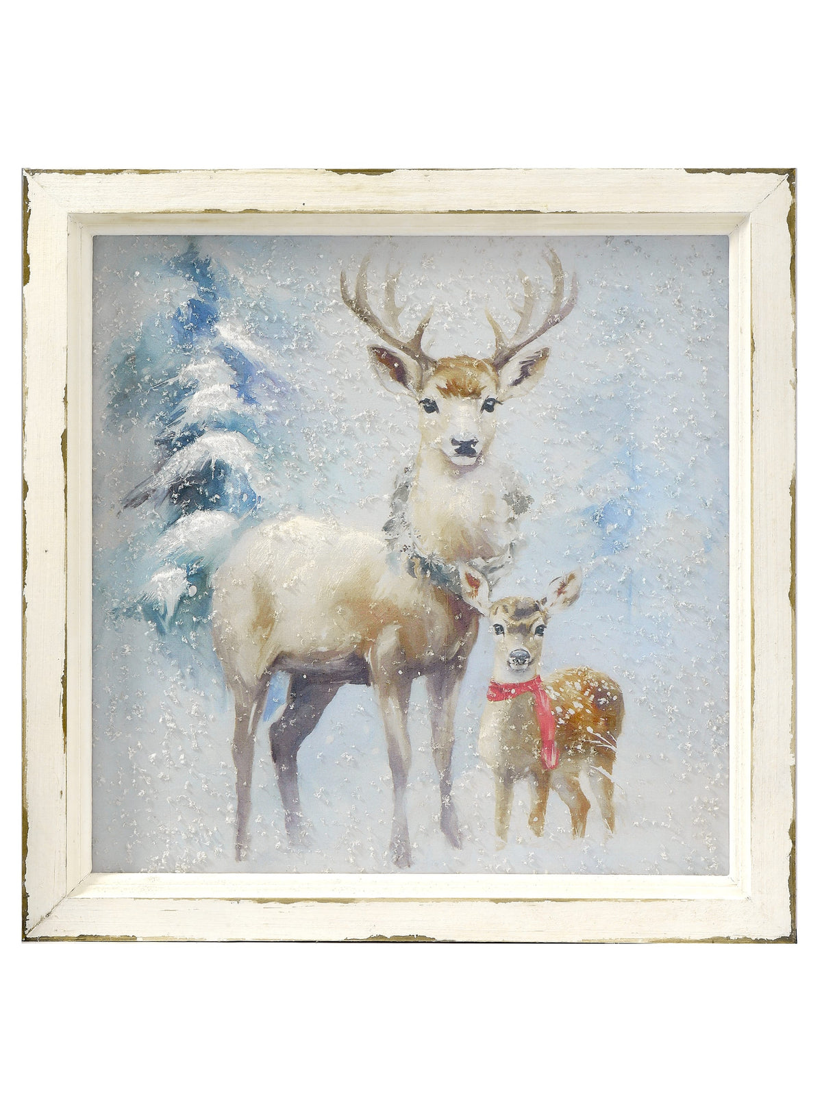 Framed winter painting of a standing stag and spotted fawn in a snowy forest scene