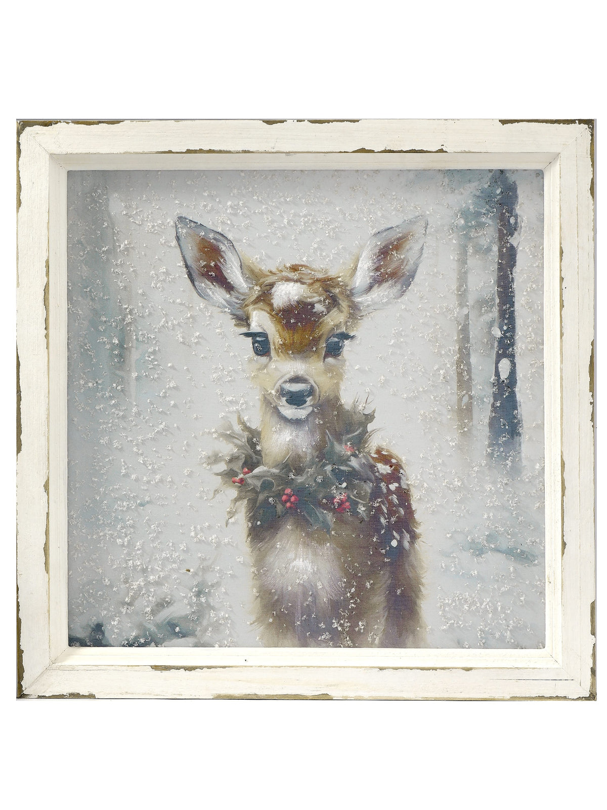 Framed winter painting of a young fawn wearing a holly wreath in a snowy forest scene