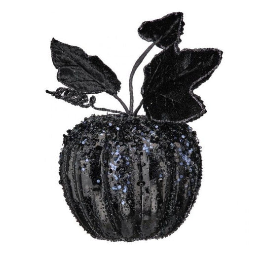 4 inch black glitter jewel encrusted decorative pumpkin with velvet leaves