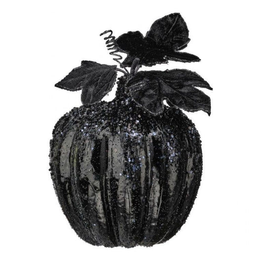 Black glitter jewel encrusted decorative pumpkin with velvet leaves and curly stem