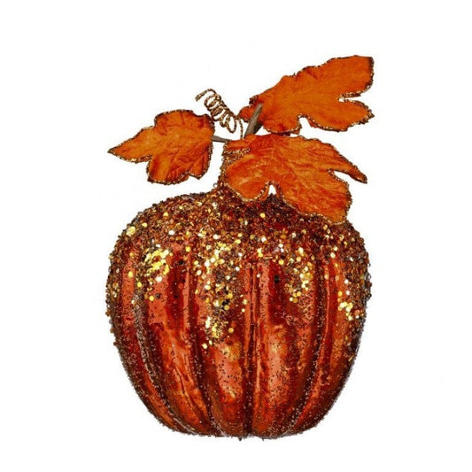6 inch orange glitter pumpkin decoration with gold jewels and artificial autumn leaves