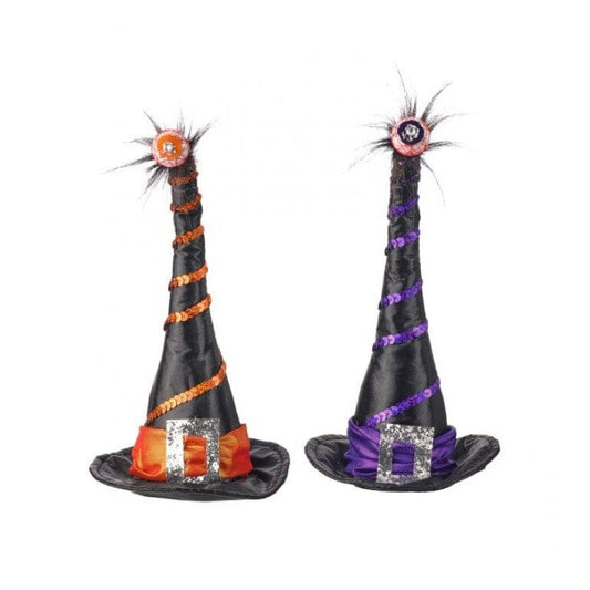 Two black witch hats with orange and purple sequin swirls and eyeball toppers